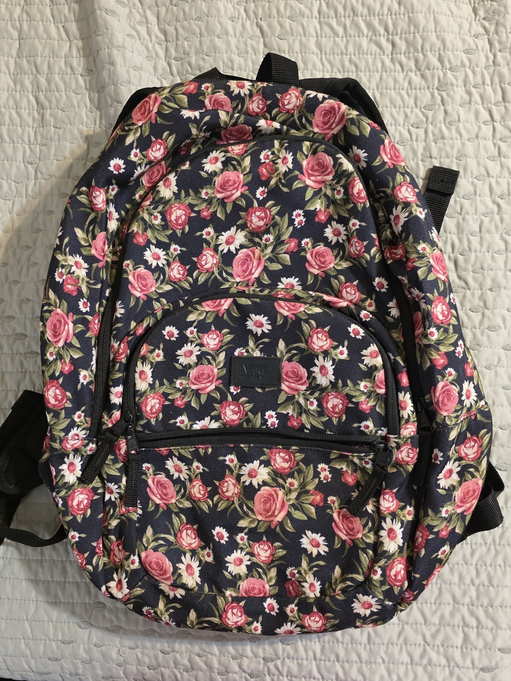 Vans Black Floral Backpack with Pink Roses